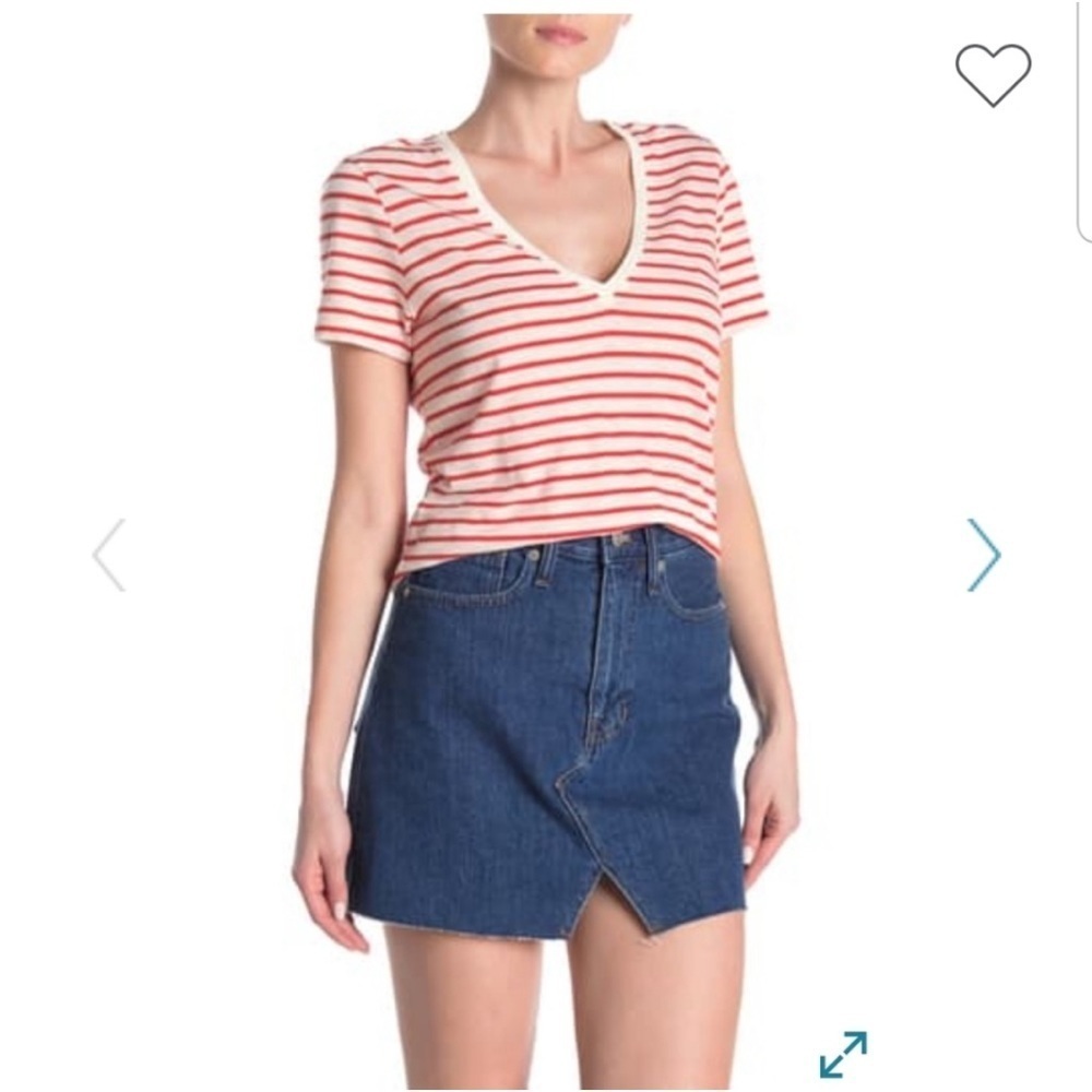 Madewell Striped Teresa Red and White Cotton V-Neck Pocket Tee Small